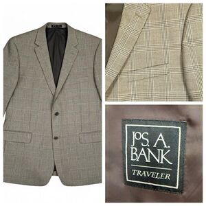 Jos A. Bank Tailored Fit Traveler 100% Wool Plaid Taupe Sport Coat 46L